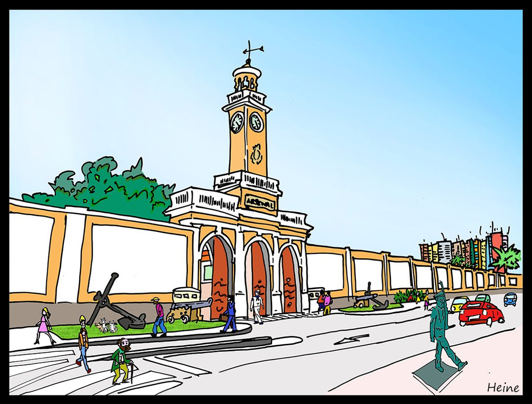 Portada del Arsenal militar de Cartagena.  Ilustración a todo color y detalle, impresa directamente sobre lienzo de alto gramaje. Impresión digital con tinta ecosolvente y protección de barniz mate.  El lienzo va montado sobre tablero de DM con un grosor de 5 milímetros y lacado en negro en el anverso. Cuenta con un colgador en el reverso.  Sus medidas son 40x28 centímetros. 
