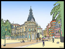 Cargar imagen en el visor de la galería, Ayuntamiento de Cartagena.  Ilustración a todo color y detalle, impresa directamente sobre lienzo de alto gramaje. Impresión digital con tinta ecosolvente y protección de barniz mate.  El lienzo va montado sobre tablero de DM con un grosor de 5 milímetros y lacado en negro en el anverso. Cuenta con un colgador en el reverso.  Sus medidas son 40x28 centímetros. 