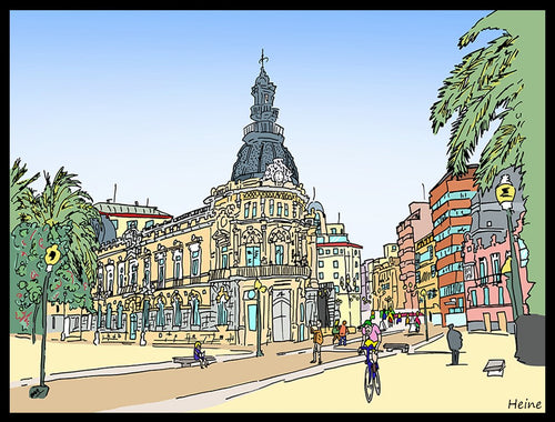 Ayuntamiento de Cartagena.  Ilustración a todo color y detalle, impresa directamente sobre lienzo de alto gramaje. Impresión digital con tinta ecosolvente y protección de barniz mate.  El lienzo va montado sobre tablero de DM con un grosor de 5 milímetros y lacado en negro en el anverso. Cuenta con un colgador en el reverso.  Sus medidas son 40x28 centímetros. 