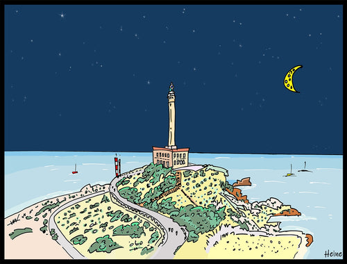 Faro de Cabo de Palos de noche.  Ilustración a todo color y detalle, impresa directamente sobre lienzo de alto gramaje. Impresión digital con tinta ecosolvente y protección de barniz mate.  El lienzo va montado sobre tablero de DM con un grosor de 5 milímetros y lacado en negro en el anverso. Cuenta con un colgador en el reverso.  Sus medidas son 40x28 centímetros. 