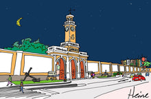 Cargar imagen en el visor de la galería, Portada del Arsenal militar de Cartagena. Vista nocturna.  Ilustración a todo color y detalle, impresa directamente sobre lienzo de alto gramaje. Impresión digital con tinta ecosolvente y protección de barniz mate.  El lienzo va montado sobre tablero de DM con un grosor de 5 milímetros y lacado en negro en el anverso. Cuenta con un colgador en el reverso.  Sus medidas son 40x28 centímetros. 