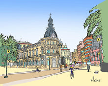 Cargar imagen en el visor de la galería, Ayuntamiento de Cartagena.  Ilustración a todo color y detalle, impresa directamente sobre lienzo de alto gramaje. Impresión digital con tinta ecosolvente y protección de barniz mate.  El lienzo va montado sobre tablero de DM con un grosor de 5 milímetros y lacado en negro en el anverso. Cuenta con un colgador en el reverso.  Sus medidas son 40x28 centímetros. 