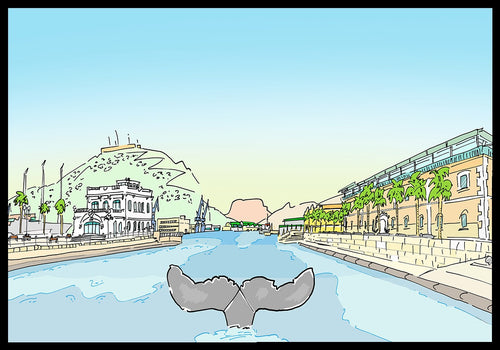 Ilustración del puerto de Cartagena. Vista de la emblemática cola de ballena entre el Club Náutico y la Universidad Politécnica de Cartagena.   Ilustración a todo color y detalle, impresa directamente sobre lienzo de alto gramaje. Impresión digital con tinta ecosolvente y protección de barniz mate.  El lienzo va montado sobre tablero de DM con un grosor de 5 milímetros y lacado en negro en el anverso. Cuenta con un colgador en el reverso.  Sus medidas son 40x28 centímetros. 