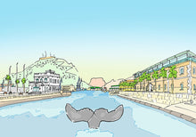 Cargar imagen en el visor de la galería, Ilustración del puerto de Cartagena. Vista de la emblemática cola de ballena entre el Club Náutico y la Universidad Politécnica de Cartagena.   Ilustración a todo color y detalle, impresa directamente sobre lienzo de alto gramaje. Impresión digital con tinta ecosolvente y protección de barniz mate.  El lienzo va montado sobre tablero de DM con un grosor de 5 milímetros y lacado en negro en el anverso. Cuenta con un colgador en el reverso.  Sus medidas son 40x28 centímetros. 