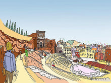 Cargar imagen en el visor de la galería, Teatro romano y Catedral.  Ilustración a todo color y detalle, impresa directamente sobre lienzo de alto gramaje. Impresión digital con tinta ecosolvente y protección de barniz mate.  El lienzo va montado sobre tablero de DM con un grosor de 5 milímetros y lacado en negro en el anverso. Cuenta con un colgador en el reverso.  Sus medidas son 40x28 centímetros. 