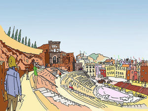 Teatro romano y Catedral.  Ilustración a todo color y detalle, impresa directamente sobre lienzo de alto gramaje. Impresión digital con tinta ecosolvente y protección de barniz mate.  El lienzo va montado sobre tablero de DM con un grosor de 5 milímetros y lacado en negro en el anverso. Cuenta con un colgador en el reverso.  Sus medidas son 40x28 centímetros. 