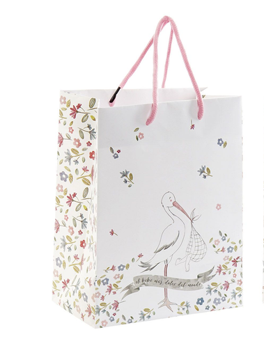 Bonita bolsa elaborada en papel con motivos florales y cigüeña. Con el mensaje 