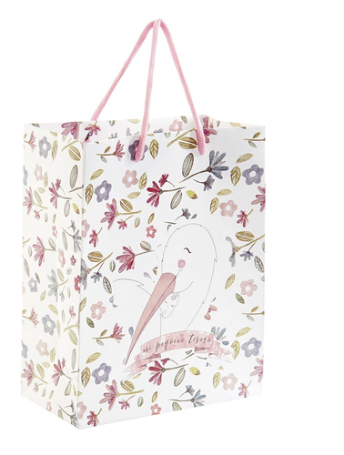 Bonita bolsa elaborada en papel con motivos florales y cigüeña. Con el mensaje 