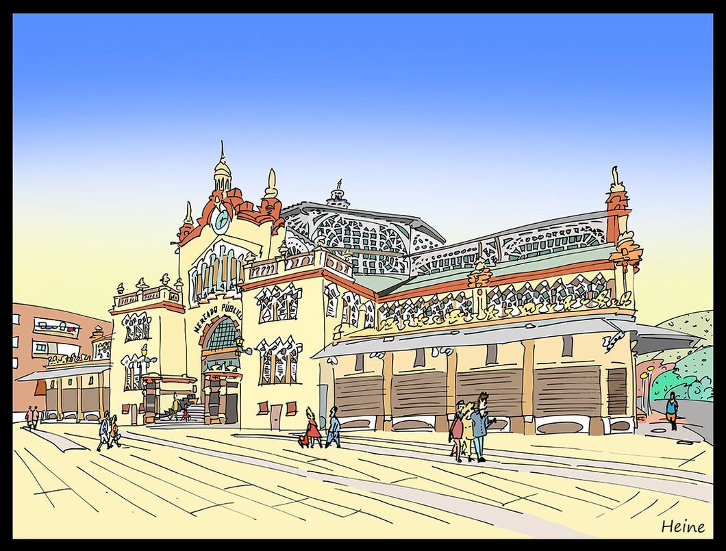 Mercado público de La Unión. Se trata de uno de los edificios emblemáticos del modernismo en la Región. Es la sede del festival del Cante de las Minas.   Ilustración a todo color y detalle, impresa directamente sobre lienzo de alto gramaje. Impresión digital con tinta ecosolvente y protección de barniz mate.  El lienzo va montado sobre tablero de DM con un grosor de 5 milímetros y lacado en negro en el anverso. Cuenta con un colgador en el reverso.  Sus medidas son 40x28 centímetros. 