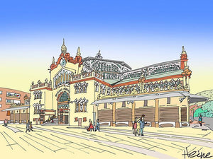 Mercado público de La Unión. Se trata de uno de los edificios emblemáticos del modernismo en la Región. Es la sede del festival del Cante de las Minas.   Ilustración a todo color y detalle, impresa directamente sobre lienzo de alto gramaje. Impresión digital con tinta ecosolvente y protección de barniz mate.  El lienzo va montado sobre tablero de DM con un grosor de 5 milímetros y lacado en negro en el anverso. Cuenta con un colgador en el reverso.  Sus medidas son 40x28 centímetros. 