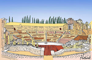 Teatro romano y Catedral.  Ilustración a todo color y detalle, impresa directamente sobre lienzo de alto gramaje. Impresión digital con tinta ecosolvente y protección de barniz mate.  El lienzo va montado sobre tablero de DM con un grosor de 5 milímetros y lacado en negro en el anverso. Cuenta con un colgador en el reverso.  Sus medidas son 40x28 centímetros. 