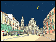 Cargar imagen en el visor de la galería, Vista de la plaza del Cardenal Belluga, con el imponente imafronte de la catedral al fondo.  Ilustración a todo color y detalle, impresa directamente sobre lienzo de alto gramaje. Impresión digital con tinta ecosolvente y protección de barniz mate.  El lienzo va montado sobre tablero de DM con un grosor de 5 milímetros y lacado en negro en el anverso. Cuenta con un colgador en el reverso.  Sus medidas son 40x28 centímetros. 