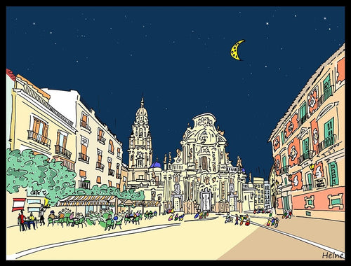 Vista de la plaza del Cardenal Belluga, con el imponente imafronte de la catedral al fondo.  Ilustración a todo color y detalle, impresa directamente sobre lienzo de alto gramaje. Impresión digital con tinta ecosolvente y protección de barniz mate.  El lienzo va montado sobre tablero de DM con un grosor de 5 milímetros y lacado en negro en el anverso. Cuenta con un colgador en el reverso.  Sus medidas son 40x28 centímetros. 