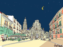 Cargar imagen en el visor de la galería, Vista de la plaza del Cardenal Belluga, con el imponente imafronte de la catedral al fondo.  Ilustración a todo color y detalle, impresa directamente sobre lienzo de alto gramaje. Impresión digital con tinta ecosolvente y protección de barniz mate.  El lienzo va montado sobre tablero de DM con un grosor de 5 milímetros y lacado en negro en el anverso. Cuenta con un colgador en el reverso.  Sus medidas son 40x28 centímetros. 