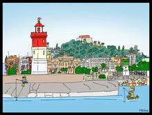Cargar imagen en el visor de la galería, Ilustración del puerto de Cartagena con el Faro de Navidad y el de la Curra al fondo.  Ilustración a todo color y detalle, impresa directamente sobre lienzo de alto gramaje. Impresión digital con tinta ecosolvente y protección de barniz mate.  El lienzo va montado sobre tablero de DM con un grosor de 5 milímetros y lacado en negro en el anverso. Cuenta con un colgador en el reverso.  Sus medidas son 40x28 centímetros. 