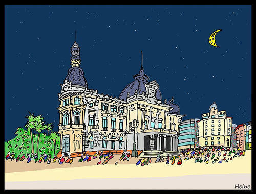 Ayuntamiento de Cartagena, vista nocturna.  Ilustración a todo color y detalle, impresa directamente sobre lienzo de alto gramaje. Impresión digital con tinta ecosolvente y protección de barniz mate.  El lienzo va montado sobre tablero de DM con un grosor de 5 milímetros y lacado en negro en el anverso. Cuenta con un colgador en el reverso.  Sus medidas son 40x28 centímetros. 