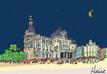 Cargar imagen en el visor de la galería, Ayuntamiento de Cartagena, vista nocturna.  Ilustración a todo color y detalle, impresa directamente sobre lienzo de alto gramaje. Impresión digital con tinta ecosolvente y protección de barniz mate.  El lienzo va montado sobre tablero de DM con un grosor de 5 milímetros y lacado en negro en el anverso. Cuenta con un colgador en el reverso.  Sus medidas son 40x28 centímetros. 