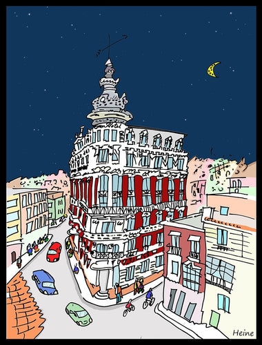 Ilustración del Gran Hotel, una de las joyas de la arquitectura modernista de Cartagena. Vista nocturna.   Ilustración a todo color y detalle, impresa directamente sobre lienzo de alto gramaje. Impresión digital con tinta ecosolvente y protección de barniz mate.  El lienzo va montado sobre tablero de DM con un grosor de 5 milímetros y lacado en negro en el anverso. Cuenta con un colgador en el reverso.  Sus medidas son 40x28 centímetros. 