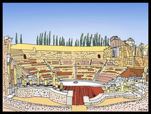 Cargar imagen en el visor de la galería, Teatro romano y Catedral.  Ilustración a todo color y detalle, impresa directamente sobre lienzo de alto gramaje. Impresión digital con tinta ecosolvente y protección de barniz mate.  El lienzo va montado sobre tablero de DM con un grosor de 5 milímetros y lacado en negro en el anverso. Cuenta con un colgador en el reverso.  Sus medidas son 40x28 centímetros. 