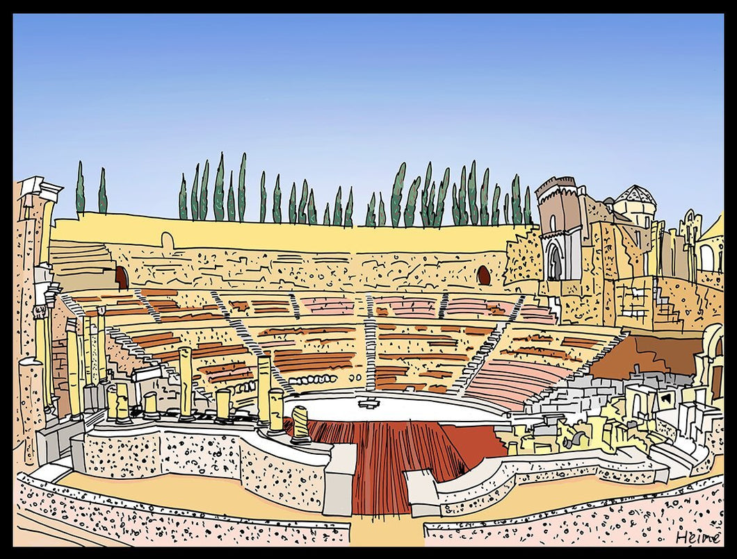 Teatro romano y Catedral.  Ilustración a todo color y detalle, impresa directamente sobre lienzo de alto gramaje. Impresión digital con tinta ecosolvente y protección de barniz mate.  El lienzo va montado sobre tablero de DM con un grosor de 5 milímetros y lacado en negro en el anverso. Cuenta con un colgador en el reverso.  Sus medidas son 40x28 centímetros. 